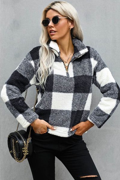 Ophira Womens Plaid Zip Collar Plush Pullover Sweatshirt Black