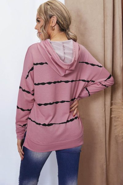 Peren Womens Drawstring Hoodie with Side Split Pink Tie-dye Striped