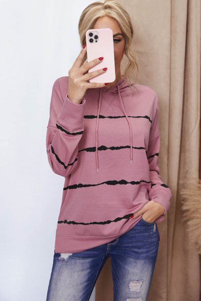 Peren Womens Drawstring Hoodie with Side Split Pink Tie-dye Striped