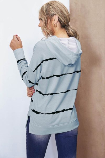 Phaedra Women's Gray Tie-dye Striped Drawstring Hoodie with Side Split