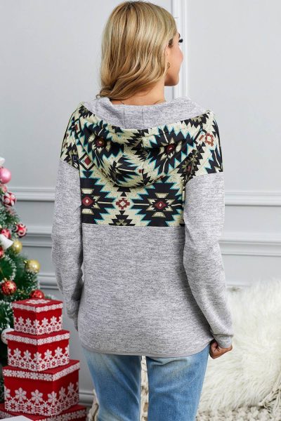 Phoebe Women Gray Tribal Geometric Print Hoodies with Pocket
