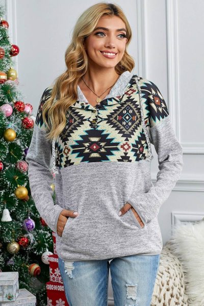 Phoebe Women Gray Tribal Geometric Print Hoodies with Pocket