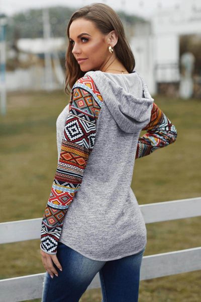 Phyllis Womens Tribal Print Long Sleeve Button Neckline Drawstring Hoodie Gray