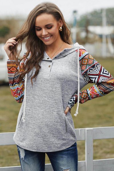 Phyllis Womens Tribal Print Long Sleeve Button Neckline Drawstring Hoodie Gray