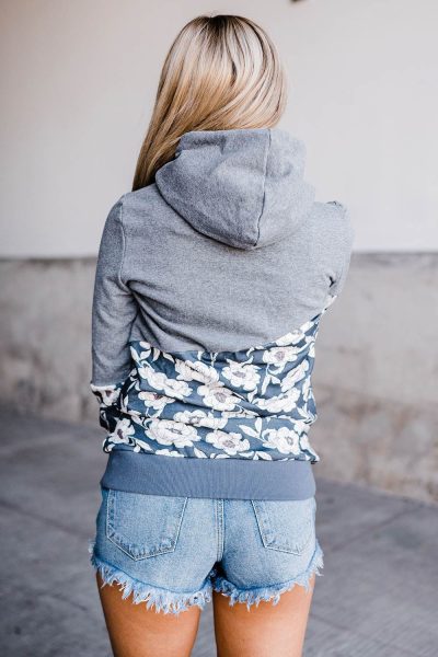 Rhea Women's Gray Floral Splicing Cowl Neck Hoodie