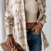 Linda Women's Khaki Plaid Pattern Buttoned Shirt Coat with Slits