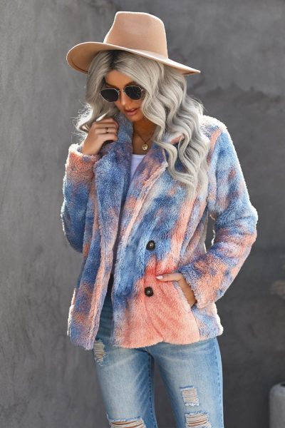 Malina Women Tie Dye Lapel Collar Open Front Fleece Coat Orange