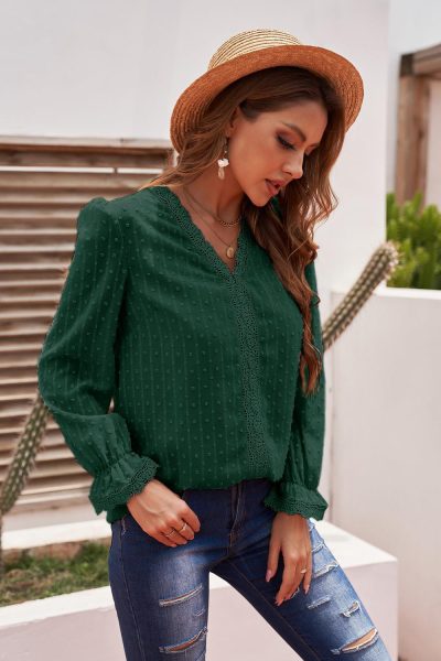 Beatrice Women's Elegant V-Neck Swiss Dot Lace Blouse Green