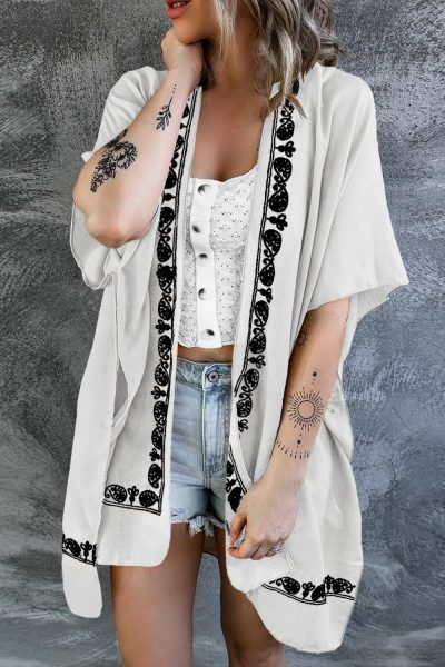 Cecilia Women's Retro Floral Pattern Kimono Beach Cover up White