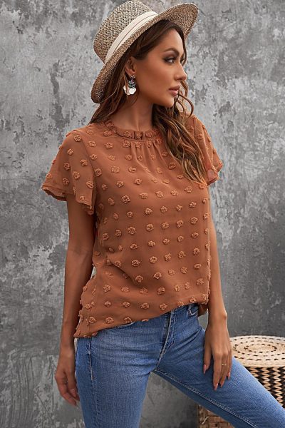 Constance Women's Ruffled Sleeve Swiss Dot T-shirts Brown