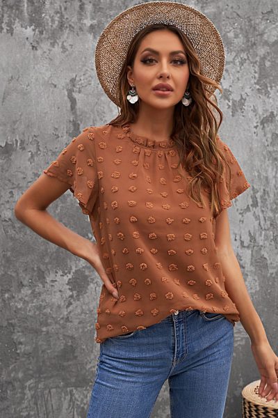 Constance Women's Ruffled Sleeve Swiss Dot T-shirts Brown