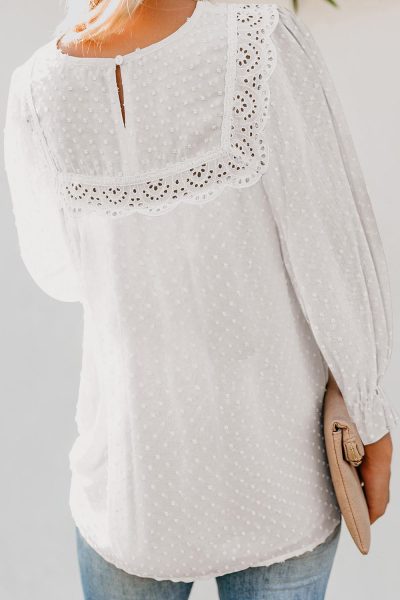 Darcey Women's Swiss Dot Hollow Out Ruffle Sleeve Blouse White