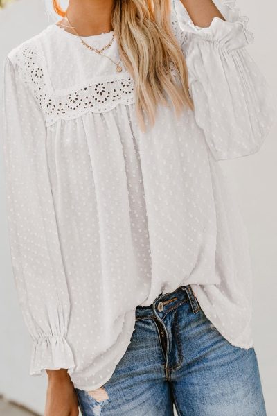 Darcey Women's Swiss Dot Hollow Out Ruffle Sleeve Blouse White
