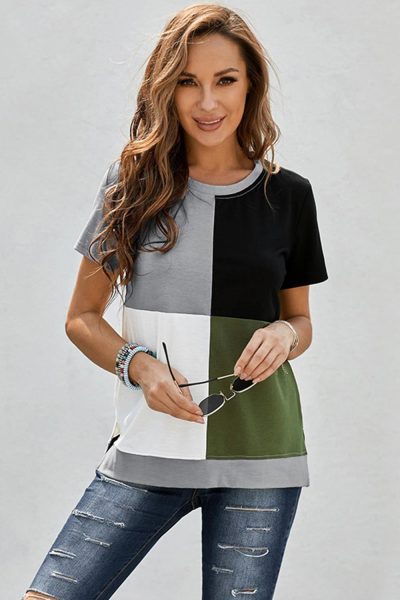 Hulda Women's Colorblock T-shirt with Slits Army Green