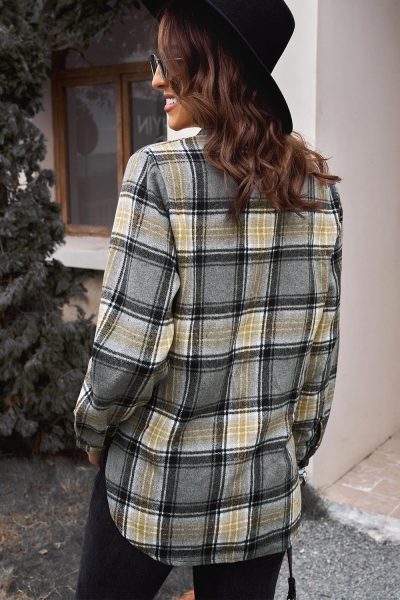 Joan Women's Oversize Rounded Hem Plaid Shirt with Slits Gray