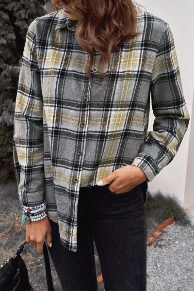 Joan Women's Oversize Rounded Hem Plaid Shirt with Slits Gray