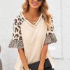 Linda Women's Leopard Mixed Ruffle Sleeve Waffle Knit Top Khaki