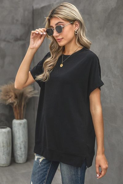 Nelly Women's Round Neck Short Sleeve Solid Color Tee Black