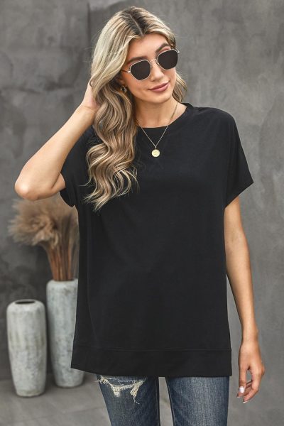 Nelly Women's Round Neck Short Sleeve Solid Color Tee Black
