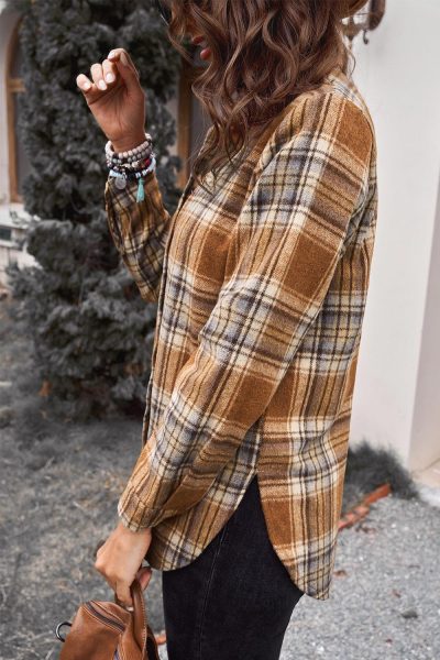 Roberta Women's Oversize Rounded Hem Plaid Shirt with Slits