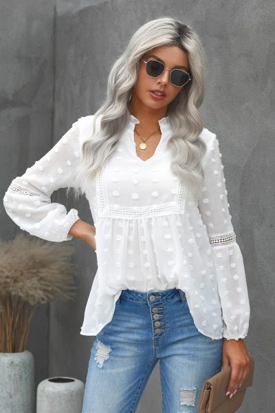 Roberta Women's Swiss Dot Split Neck Ruffle Babydoll Blouse White