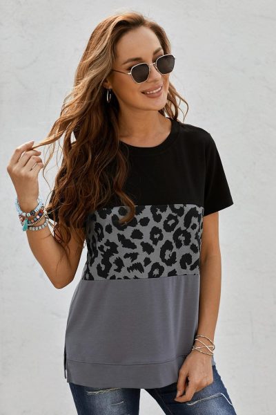 Sigrid Women Leopard Print Color Block Short Sleeve T-Shirt Black