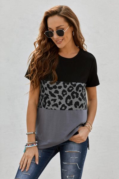 Sigrid Women Leopard Print Color Block Short Sleeve T-Shirt Black