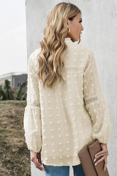 Snow Women's Swiss Dot Split Neck Ruffle Babydoll Blouse Apricot