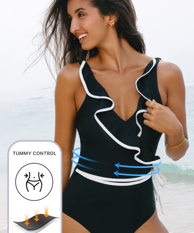 Black Color Contrast Ruffled Wrap V Neck Swimsuit