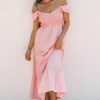 Pink V Neck Flutter Sleeve Smocked Bodice High Waist Ruffle Maxi Dress