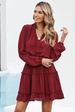 V Neck Long Sleeve Ruffle Tiered Mini Dress - Image 5