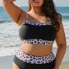 Black 2pcs Leopard Patchwork Plus Size High Waisted Swimsuit