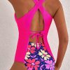 Rose V Neck Ruffled Hem Floral Bottom Tankini Set