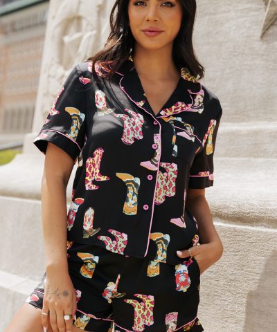 Black Western Boots Printed Short Pajama Set