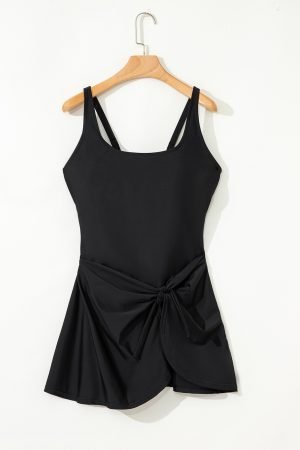 Black U Neck Adjustable Straps Knotted Skirt Patchwork One Piece Swimsuit - Image 6
