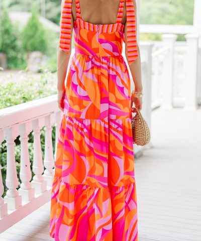 Red Abstract Print Knotted Shoulder High Waist Maxi Dress