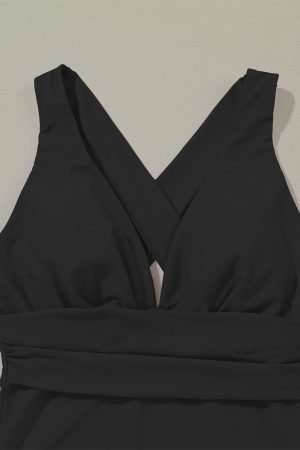 Black Deep V Neck Crossover Backless Ruched High Cut Monokini - Image 7