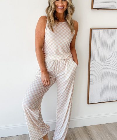White Ribbed Texture Checkered Print 2pcs Tank and Pants Set