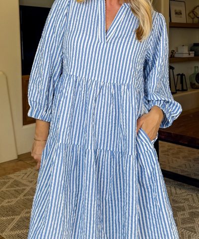 Sky Blue Stripe Bracelet Sleeve Tiered Shift Dress with Pockets