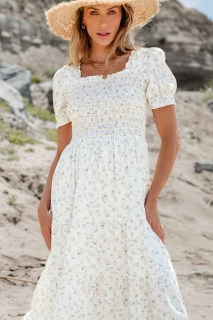 White Frilly Shirred Bodice Tiered Floral Maxi Dress - Image 6