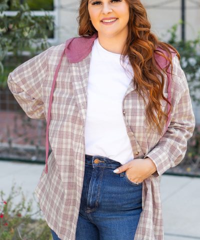 Bonbon Plaid Print Drawstring Hooded Button-up Plus Size Shirt
