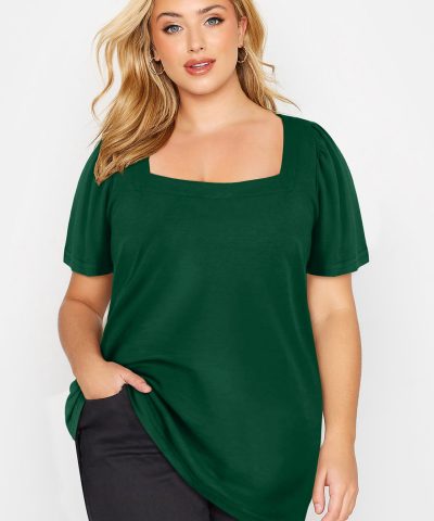 Green Plus Size Square Neck Ruched Shoulder Short Sleeve Top