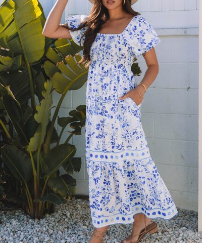 Sky Blue Floral Print Square Neck Bubble Sleeve High Waist Maxi Dress