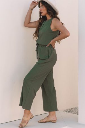 Vineyard Green Buttoned Drawstring Elastic Waistband Sleeveless Wide Leg Jumpsuit - Image 3