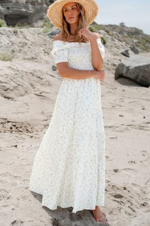 White Frilly Shirred Bodice Tiered Floral Maxi Dress - Image 4