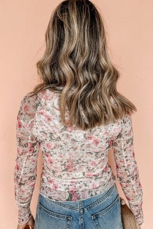 Pink Floral Long Sleeve High Neck Sheath Mesh Top - Image 5