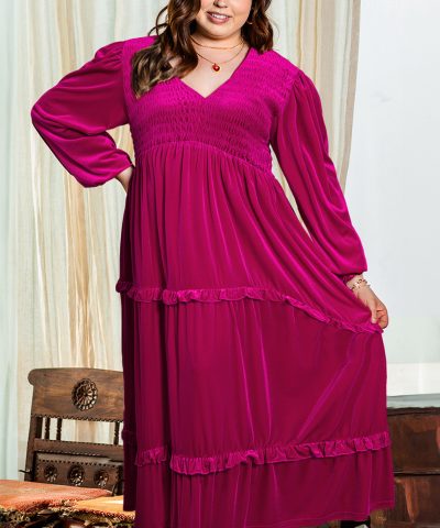 Rose Red Shirred V Neck Tiered Ruffled Velvet Plus Size Maxi Dress