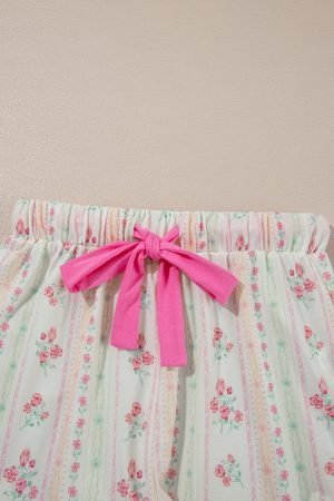 Beige Floral Print Contrast Pipping Short Pajamas Set - Image 9