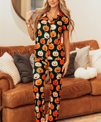 Orange Halloween Pattern Short Sleeve Shirt Pajama Set