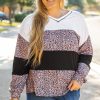 Black Leopard Print Colorblock V Neck Long Sleeve Plus Size Top